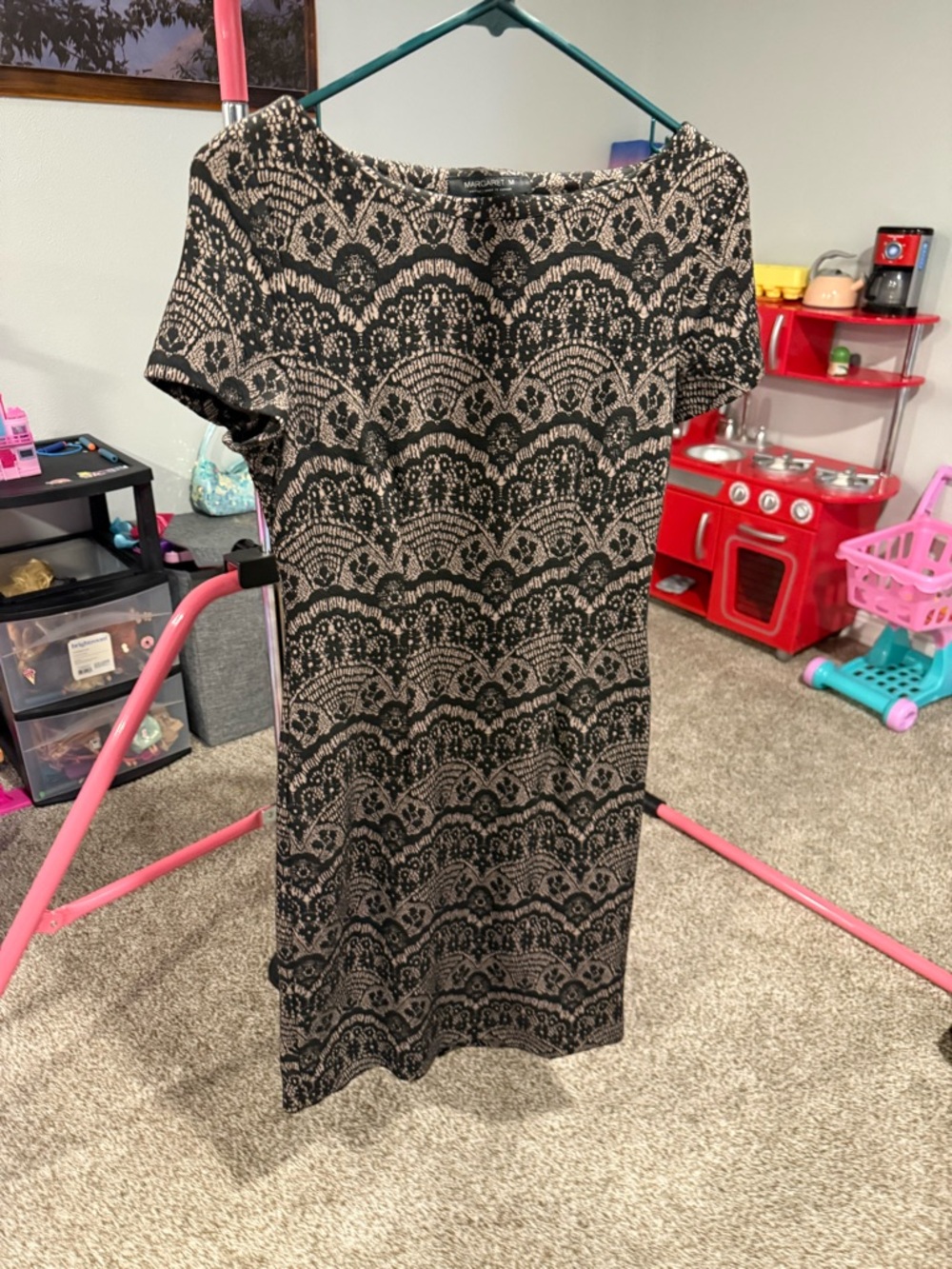 Margaret M Black and Beige Patterned Midi Dress
